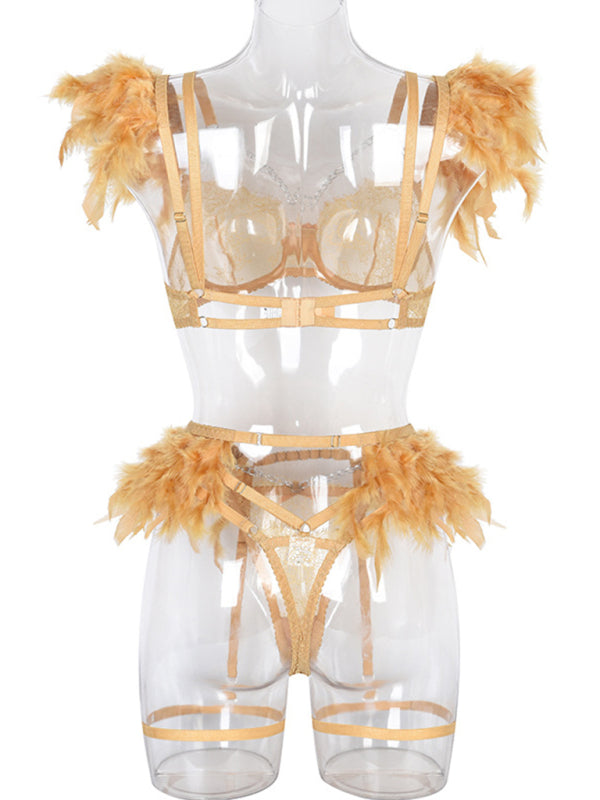 Luxe Feather Lace Lingerie Set – Four-Piece Bra, Panty, Garter & Accessory