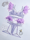 Luxe Feather Lace Lingerie Set – Four-Piece Bra, Panty, Garter & Accessory