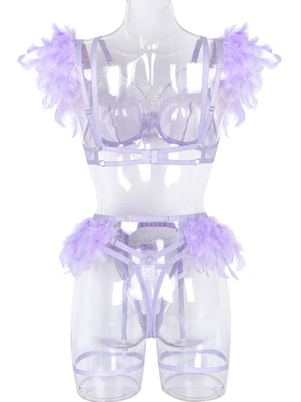 Luxe Feather Lace Lingerie Set – Four-Piece Bra, Panty, Garter & Accessory