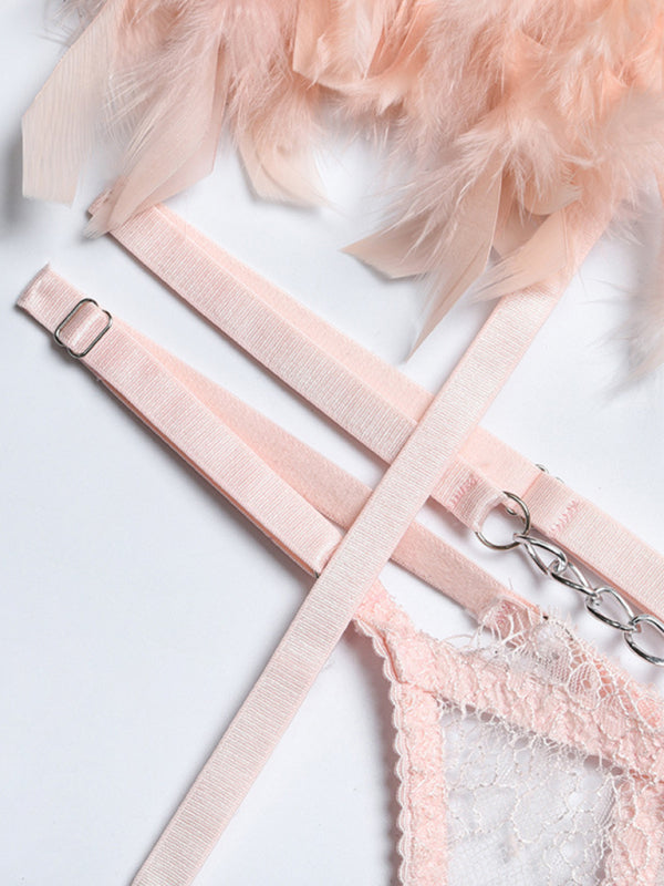 Luxe Feather Lace Lingerie Set – Four-Piece Bra, Panty, Garter & Accessory