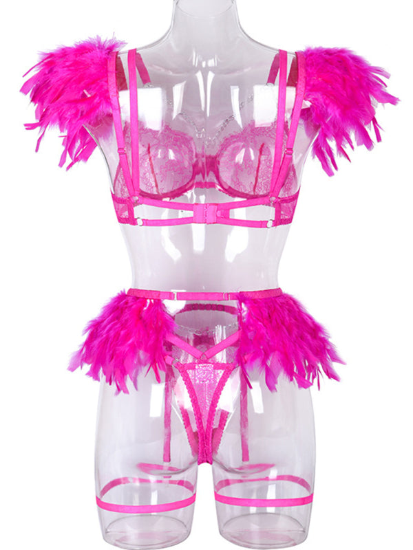 Luxe Feather Lace Lingerie Set – Four-Piece Bra, Panty, Garter & Accessory