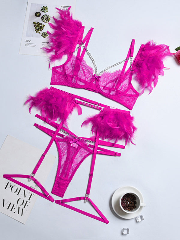 Luxe Feather Lace Lingerie Set – Four-Piece Bra, Panty, Garter & Accessory