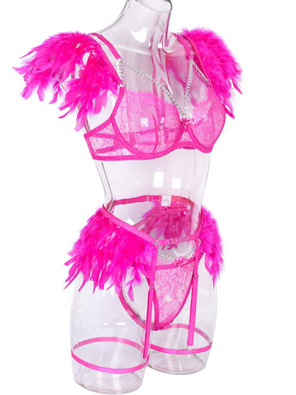 Luxe Feather Lace Lingerie Set – Four-Piece Bra, Panty, Garter & Accessory