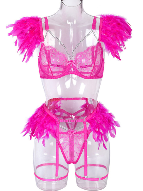 Luxe Feather Lace Lingerie Set – Four-Piece Bra, Panty, Garter & Accessory