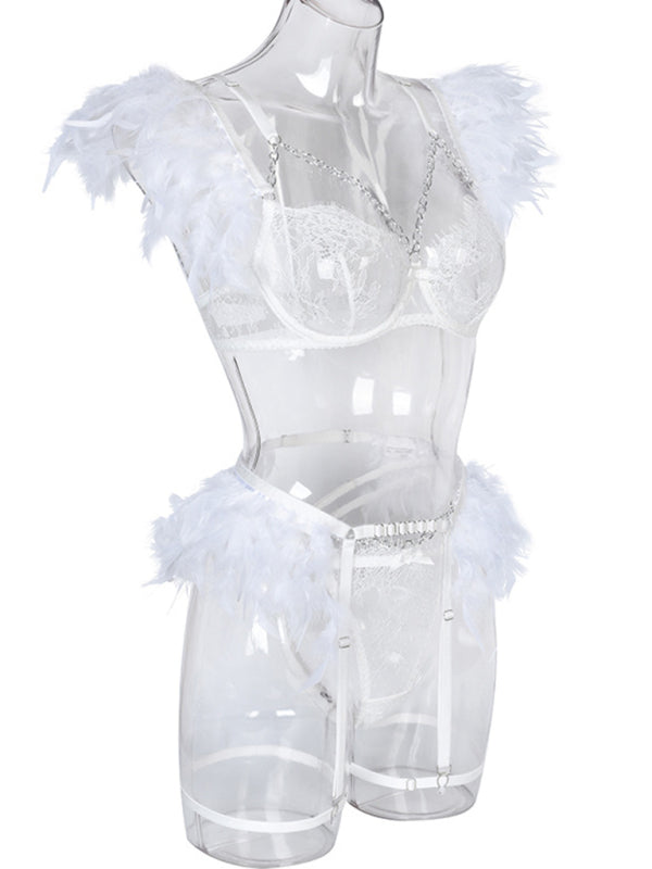 Luxe Feather Lace Lingerie Set – Four-Piece Bra, Panty, Garter & Accessory