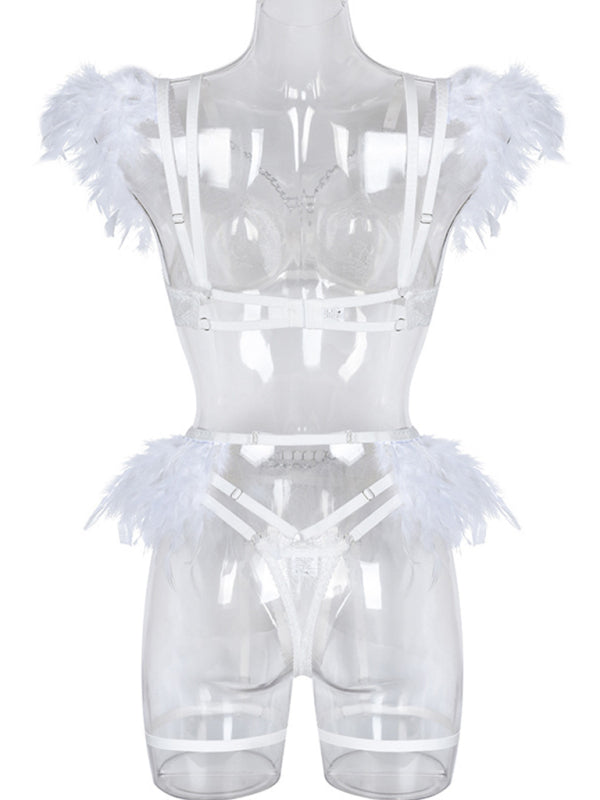 Luxe Feather Lace Lingerie Set – Four-Piece Bra, Panty, Garter & Accessory