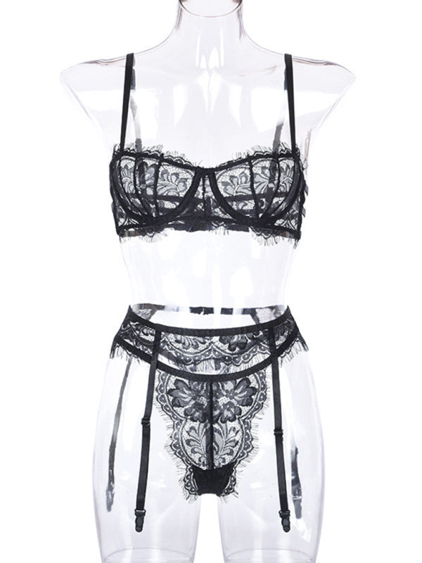 Crimson Temptation 3-Piece Lace Suspender Set