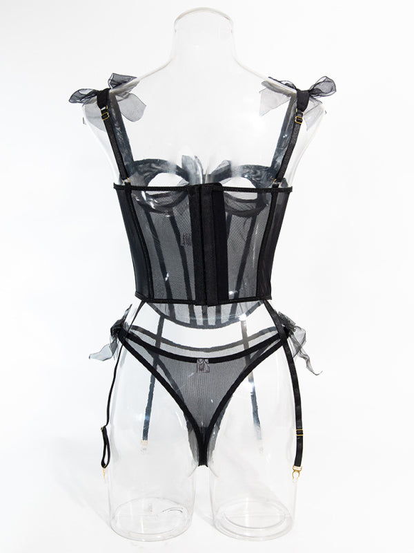 Red Desire Bow-Tie Mesh Lingerie Set – Two-Piece Fishbone Bra & Panty