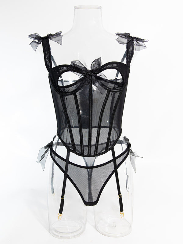 Red Desire Bow-Tie Mesh Lingerie Set – Two-Piece Fishbone Bra & Panty